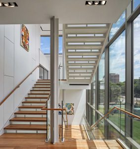 Stairwell in the glass volume of the McMullen Museum