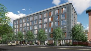 Street view rendering of Prism Apartments at 50 Rogers Street in Cambridge