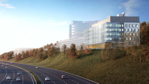 Rendering of lab and office building at 300 Third Ave in Waltham from I-95 north